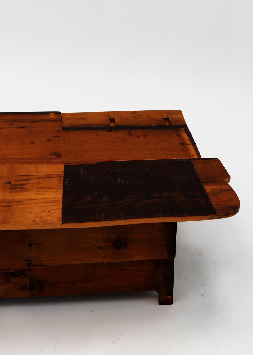 A coffee table made from the deconstructed materials of a found pine dresser 