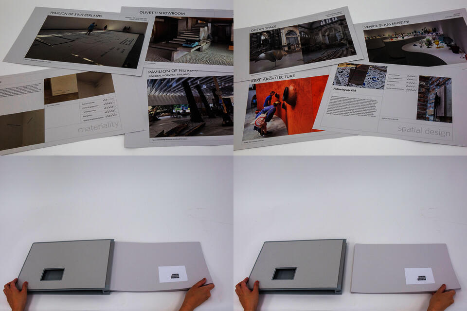 A catalog of precedents for exhibition designs, based on personal observation, functions as a clip where inner pages can be removed.