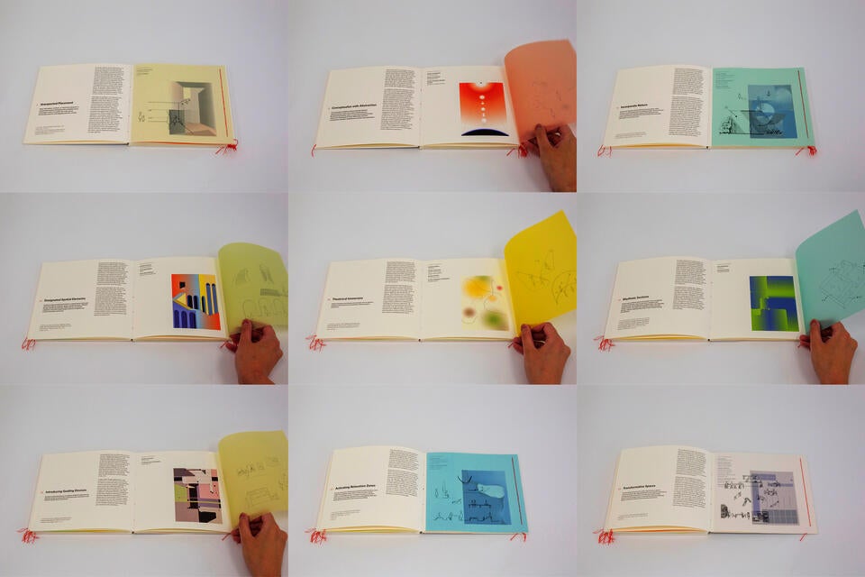 A catalog of exhibition design strategies featuring text, abstract visualizations, and diagrammatic drawings on various colored vellum papers, stitched with red thread.
