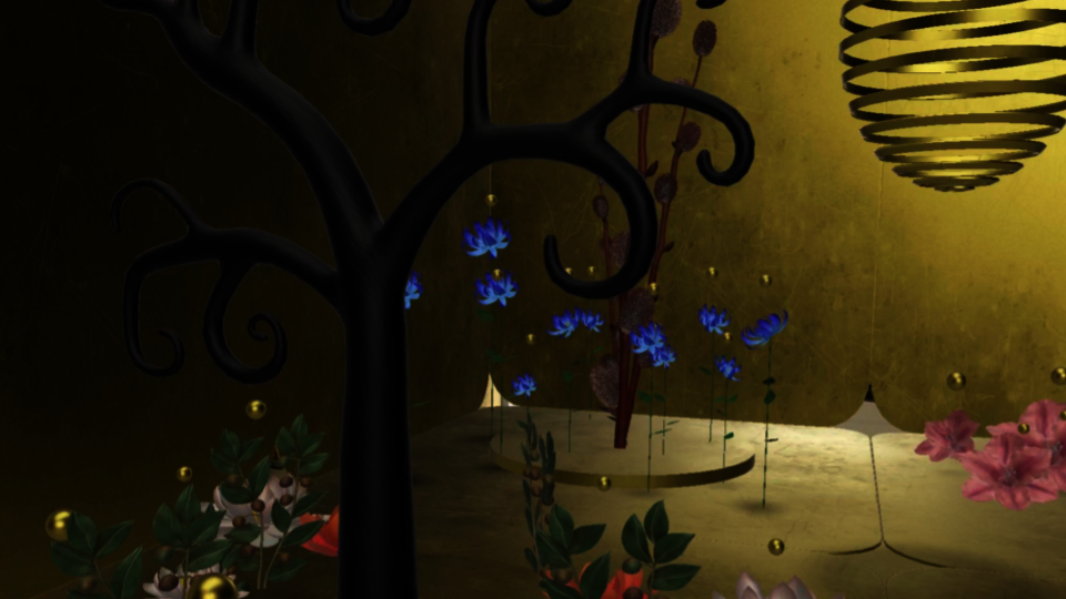 A digital and augmented reality garden with a black tree bark in the forefront and pink and blue flowers in the background 