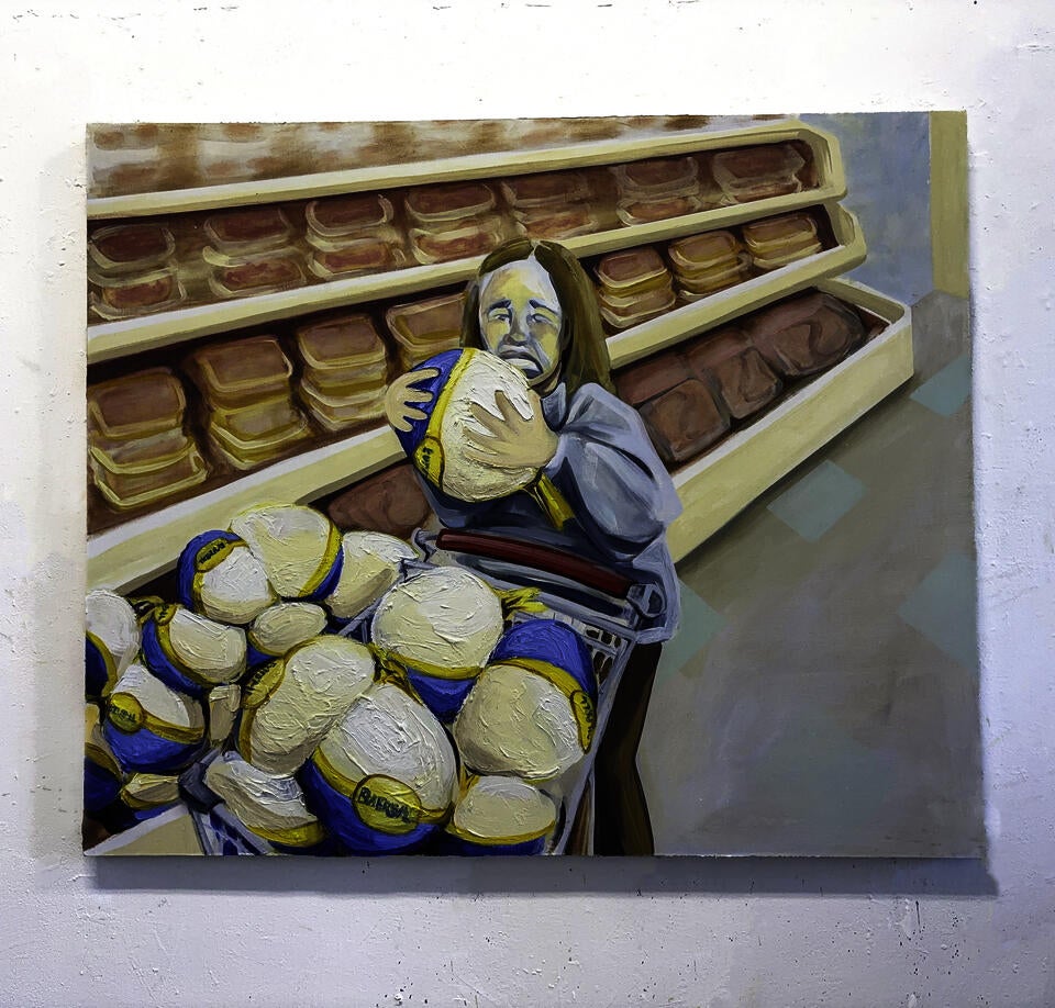 Painting of a figure in a grocery store meat aisle. Figure is holding a turkey standing behind a shopping cart.