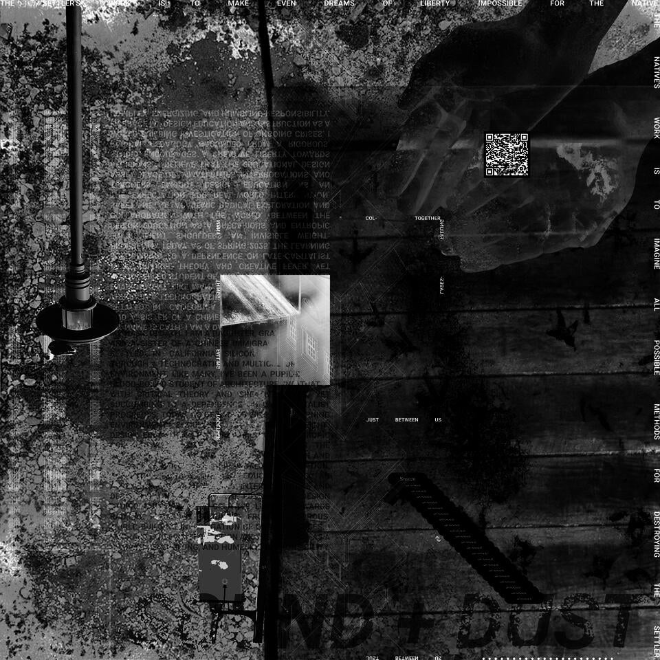 Footprints, alarms, hands, and dust collapsing in a corner. Centered text: "Many Things Falling Together, Just Between Us."
