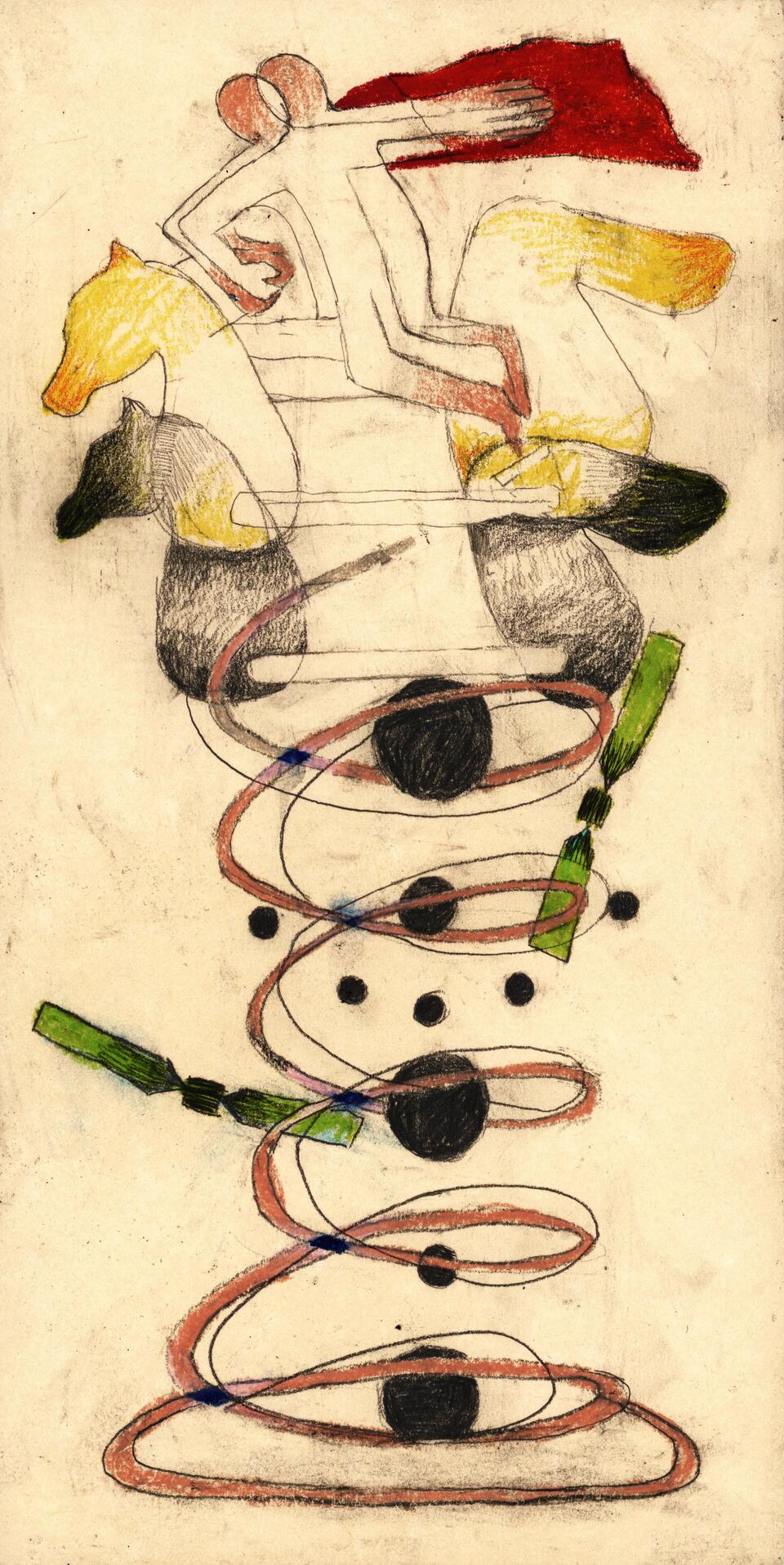 A lone figure rides a wooden horse beneath the vast cosmos, suspended between imagination and isolation. 