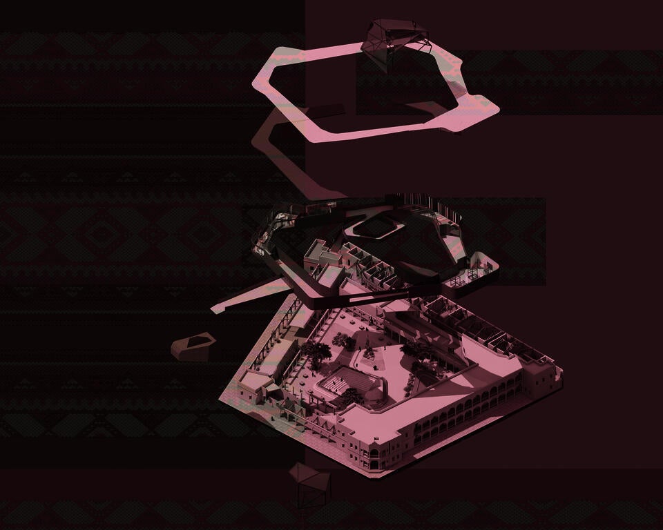 Exploded axon view of a building layered over a tinted red and green Al-Sadu pattern