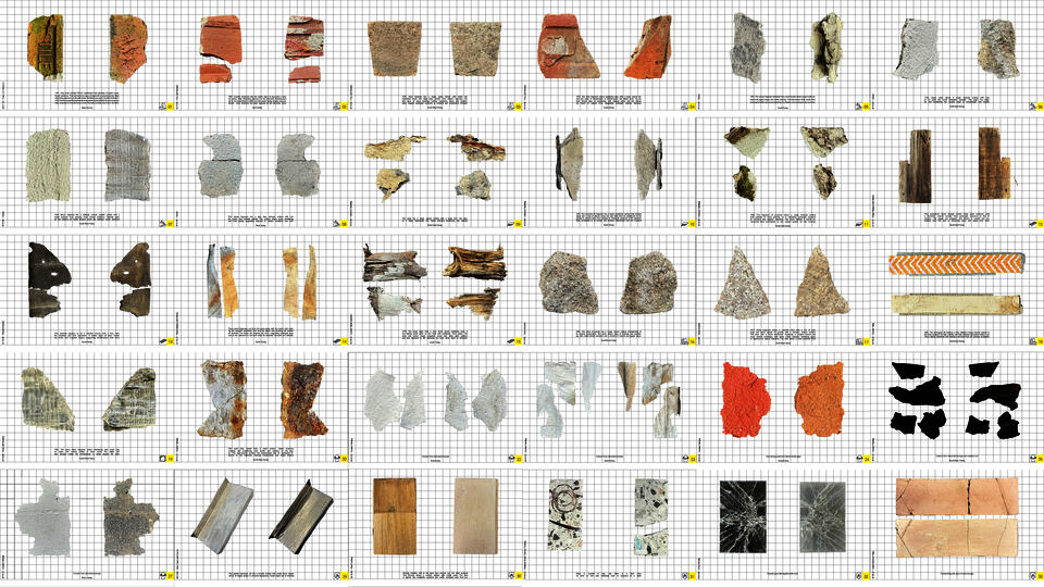 Weathered fragments of wood, concrete, metal, brick and plaster cataloged, collected from exterior sites across Providence