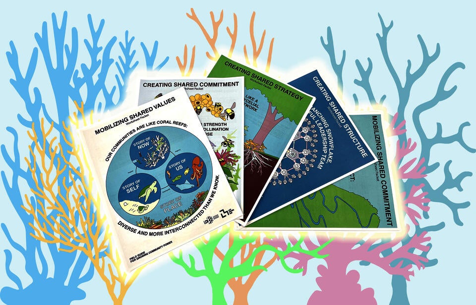 A fanned pile of five activism methodogies worksheet packets over top of a coral reef patterned background