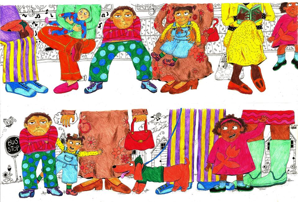 A line of vibrantly colored characters waiting for the bus below a line of characters waiting on the bus. 