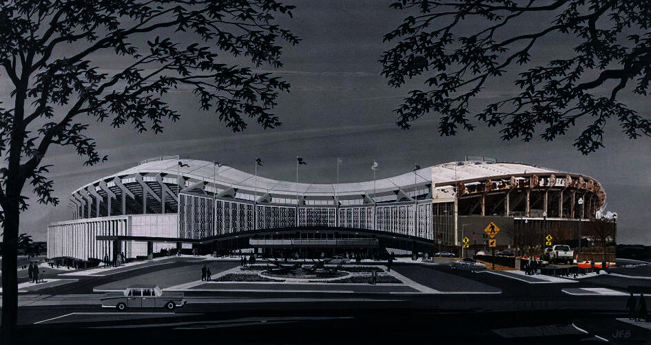 drawing of a stadium collaged with the existing run down state of the same stadium 