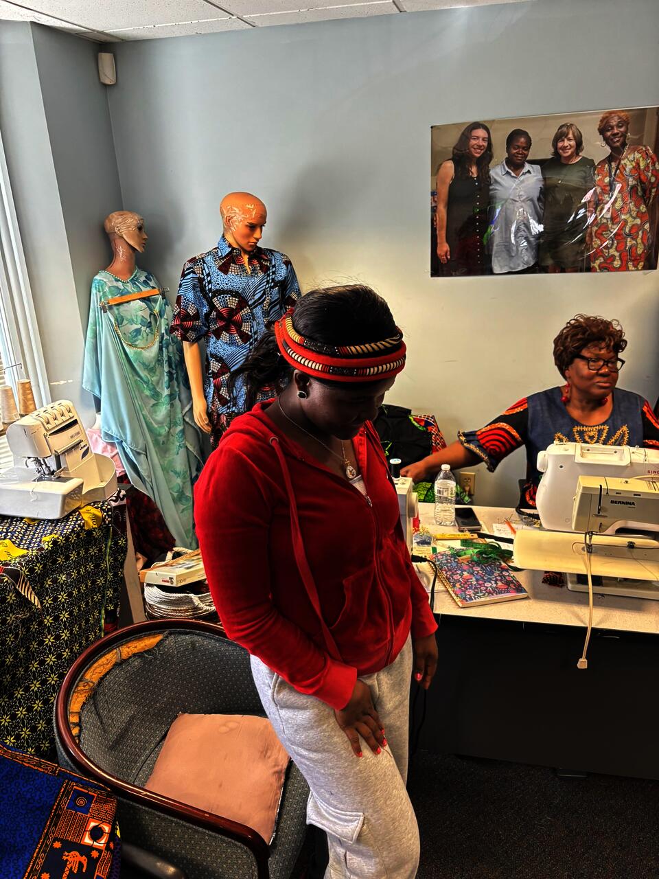 Image of community partner modeling a headpiece co-designed as part of the Patchworks design for social good thesis. 