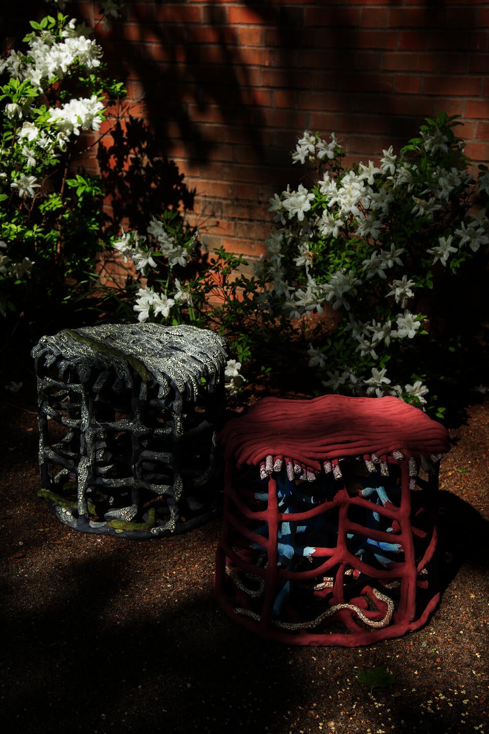 The Baked Stools are formed with a network of coils and finished with textured matte glazes.