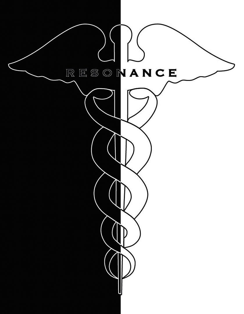 Half-white, half-black image of a caduceus bearing the word Resonance across the wings