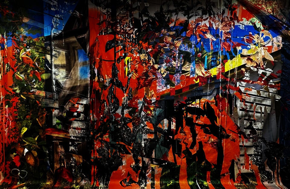Collage of blue window, red gas can, and grey wooden shed with orange, stripes, paint splatter and pink florals on top. 