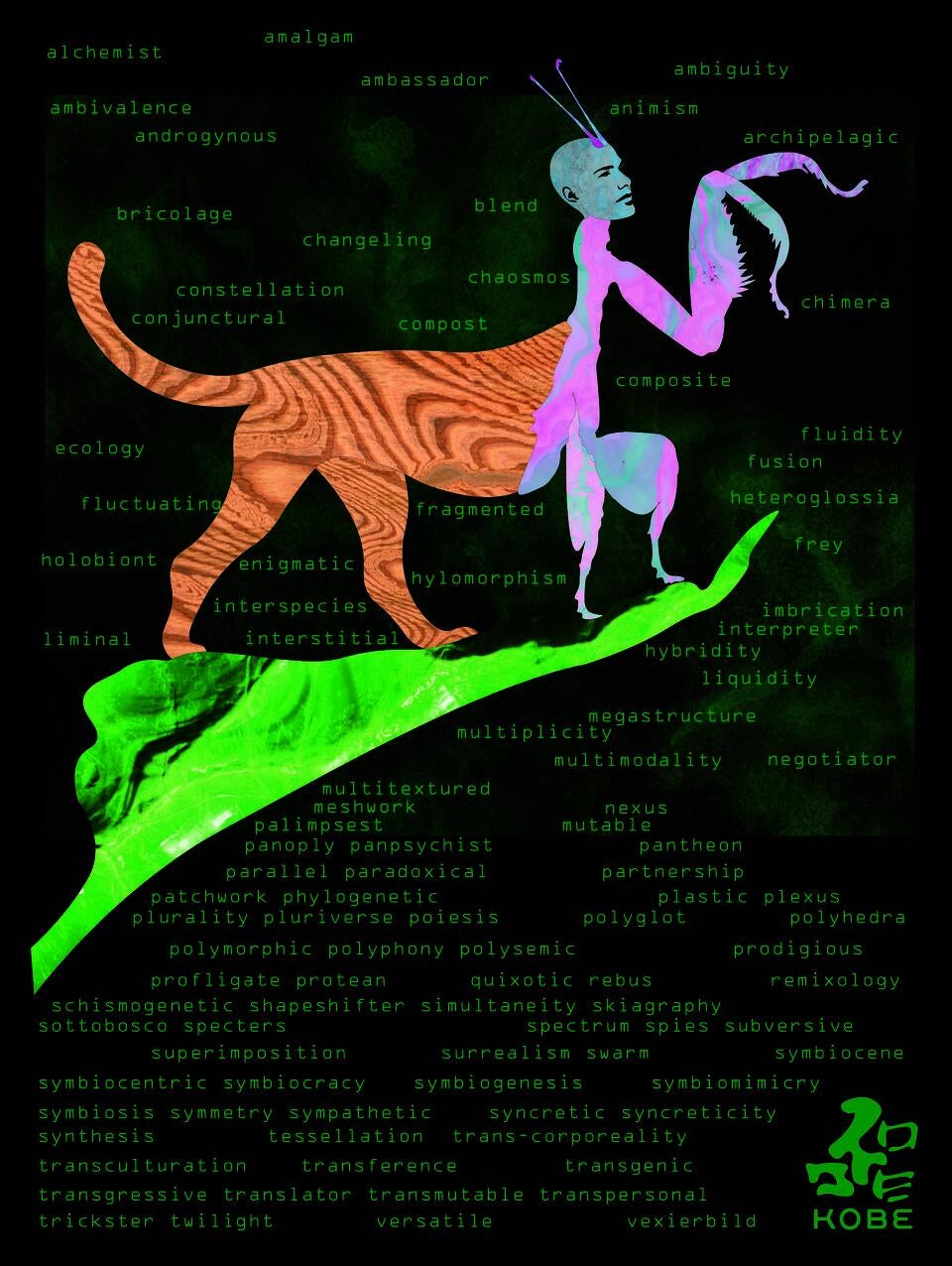 A creature that is part cat, praying mantis and human stands on a leaf surrounded by words that align with hybridity.