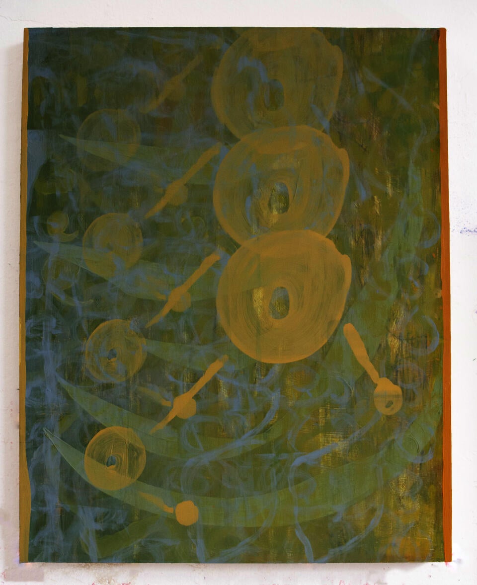 A soft green and yellow atmospehere, with some blue. Round yellow shapes connected by lines create an incomplete pattern.
