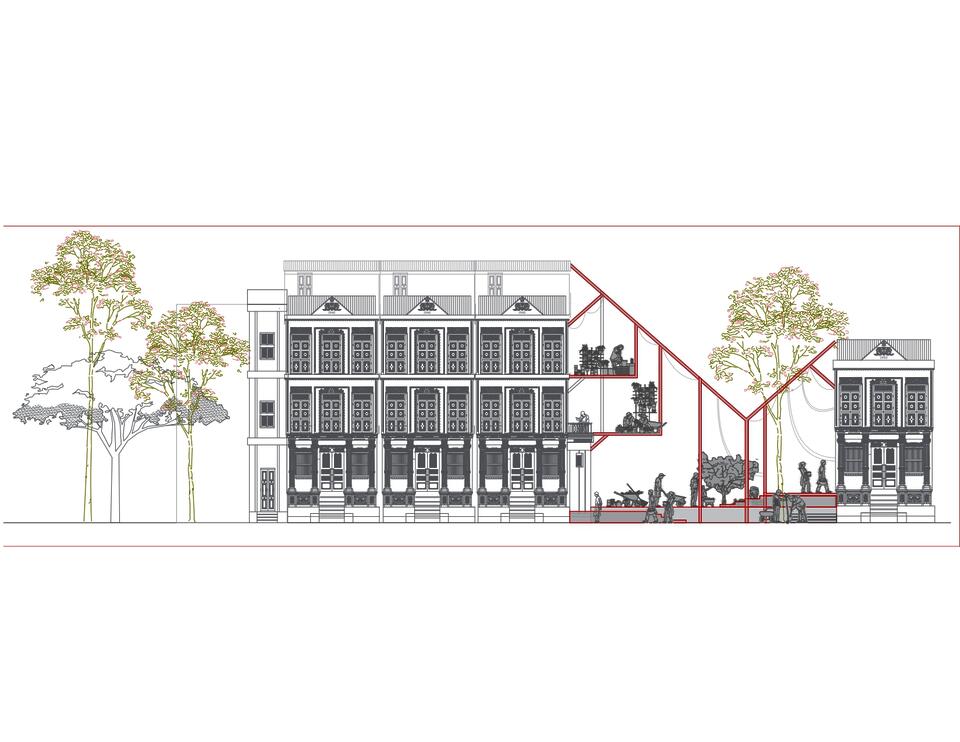 Section drawing of shophouses repurposed with terraced community spaces, work pods, and green areas connecting old and new
