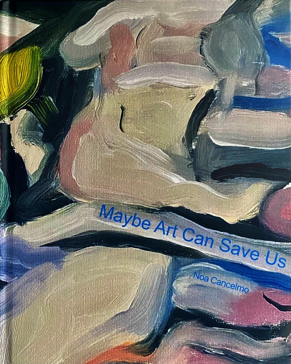 Book with an abstract painting of pinks and blues on the cover. 
