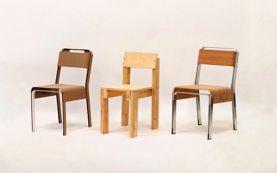 Evolution of a chair design: cardboard prototype, seating angle mockup, and final version in bent plywood with metal frame.