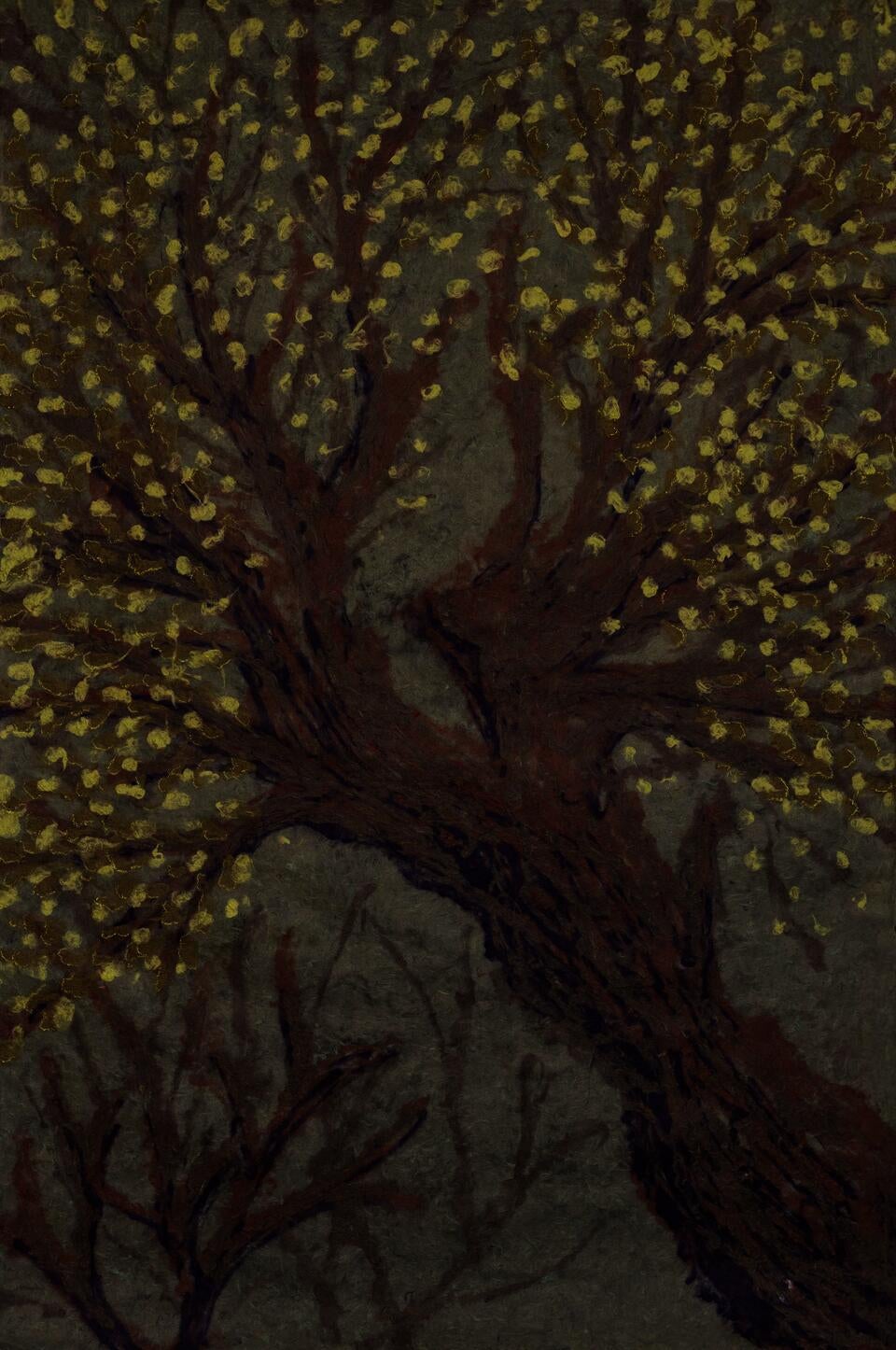 Pulp painting depicting a large olive tree with a thick trunk, divided in the middle into two growing sides.