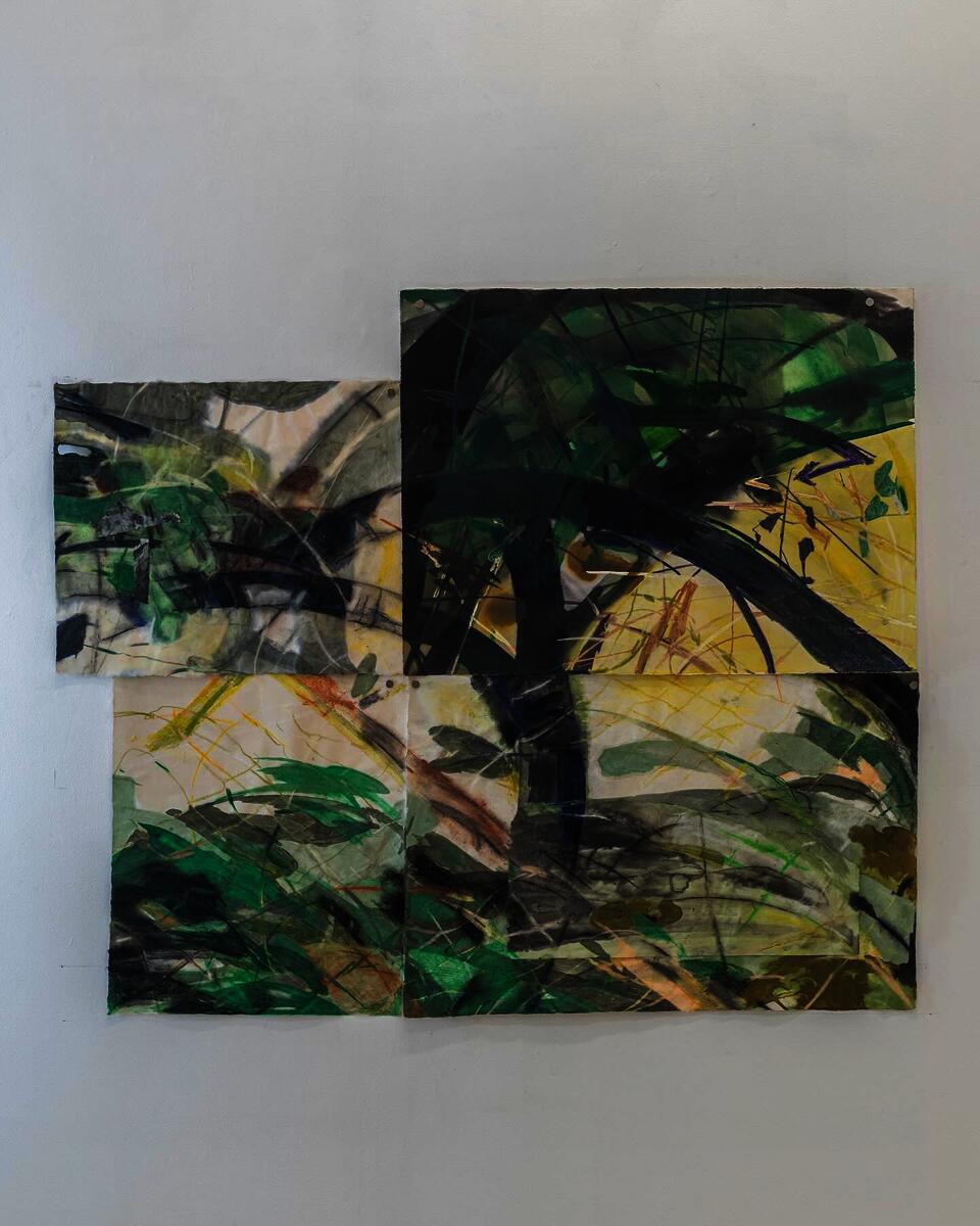 Landscape of branches and fencing painted across 4 sheets of paper. Prominent colors- Lemon yellow, Black, Viridian green.
