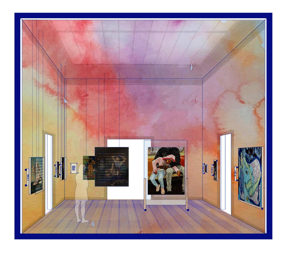 Colorful watercolored fabric intervention into Met gallery. Figure looks at comparative paintings by male and female artists.