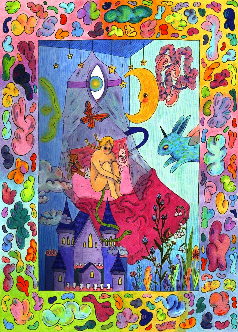 A girl sitting with knees to chest on a bed floating through space, with strange imagery surronding her