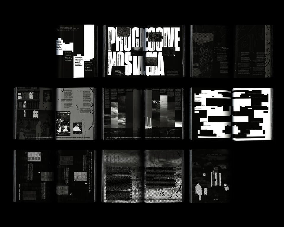 16 black-and-white pages featuring original writings in bold typography, layered images, and fragmented graphic layouts.