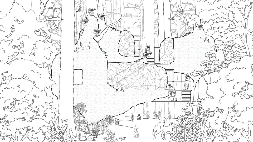 Barbican reimagined as a living ecosystem: species cohabit tree homes, mossy ruins, and shifting biotextile shelters