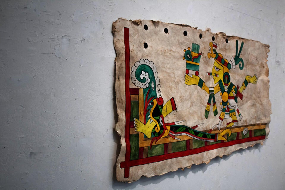 Tezcatlipoca loses his foot to the primordial earth monster Tlaltecuhtli