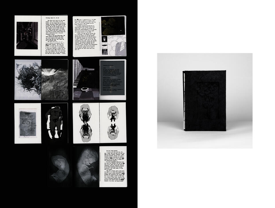 Black book with embossed cover and exposed spine shown closed on right; on left, pages reveal grayscale drawings and text.