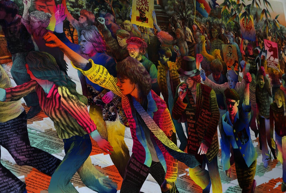 Painting of student activism with archival photos, news clippings, bold gradients, and spontaneous mark-making.
