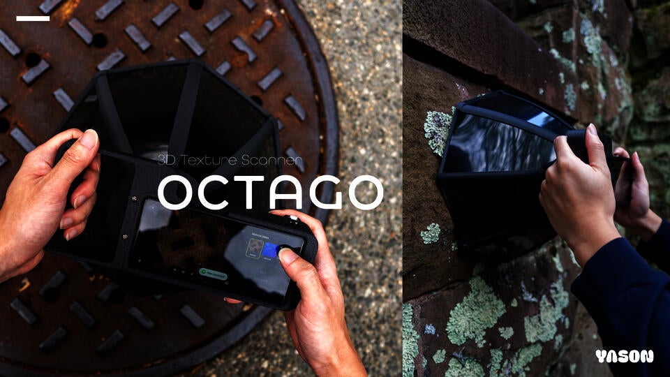 Hands holding a black octagonal 3D texture scanner against a manhole cover and mossy stone wall to capture surface details