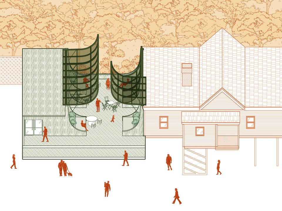 A refugee community center built as an extension of the existing ethnic social club.