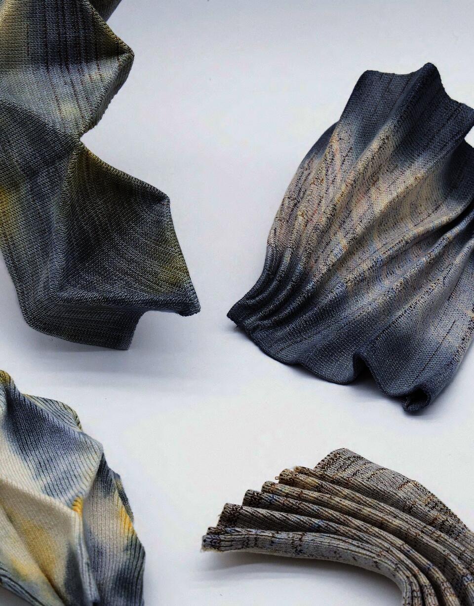 Selected knitted samples explore how textile can transform through folding, shrinking, and structural manipulation. 