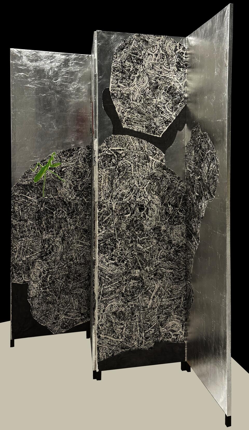 This is a four-panel screen where silver leaf tarnishes over time, revealing the passage of time through quiet transformation