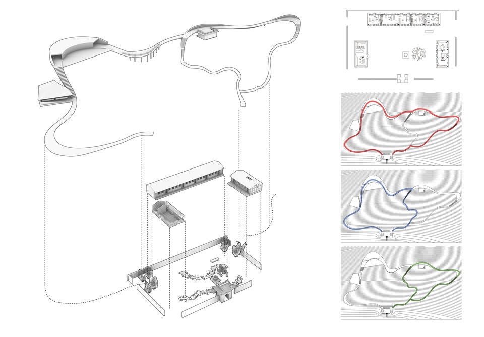 A layered axonometric on the left shows buildings and a forest path; the right side displays loops and floor plans.