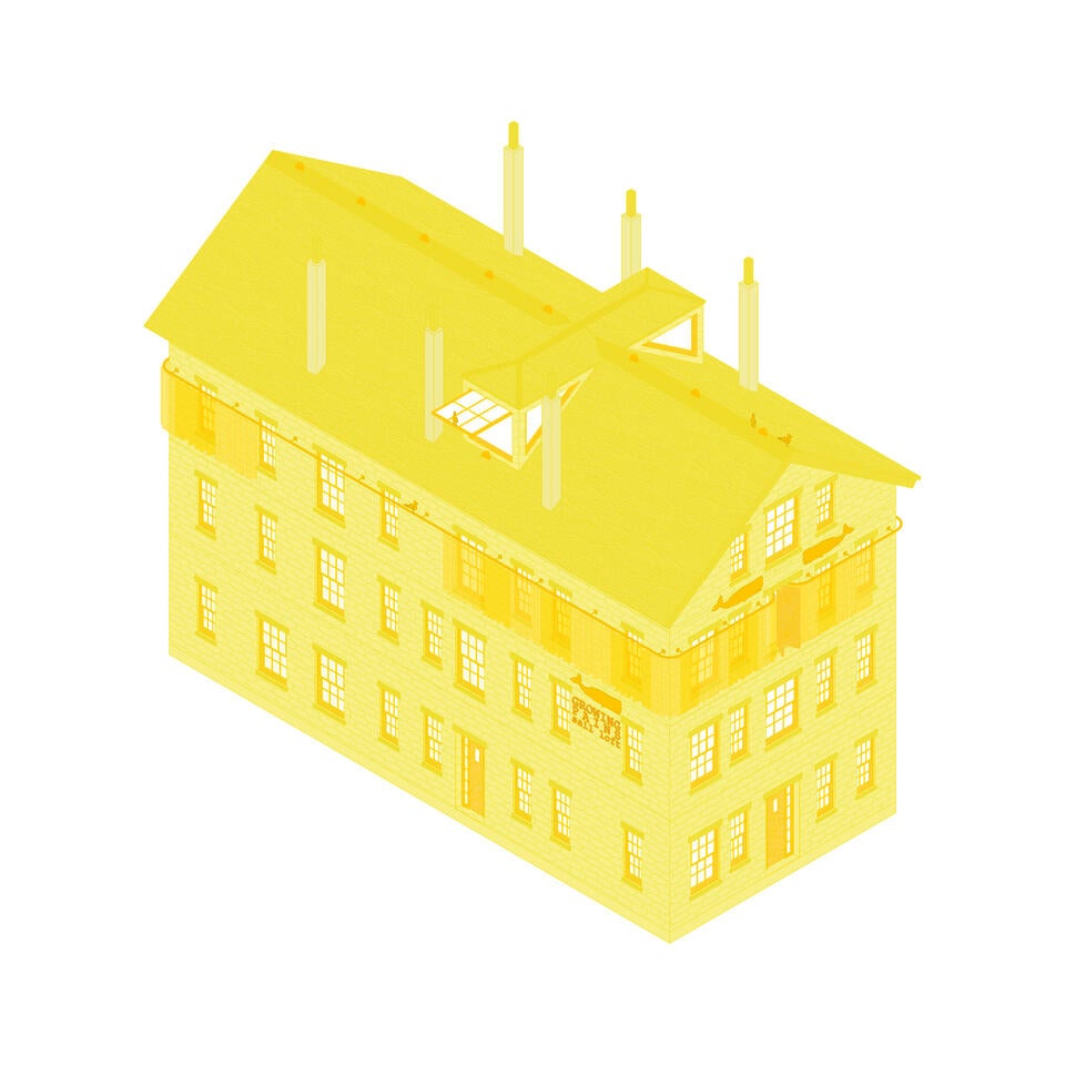 Yellow isometric illustration of an 1800's 4 story stone building.