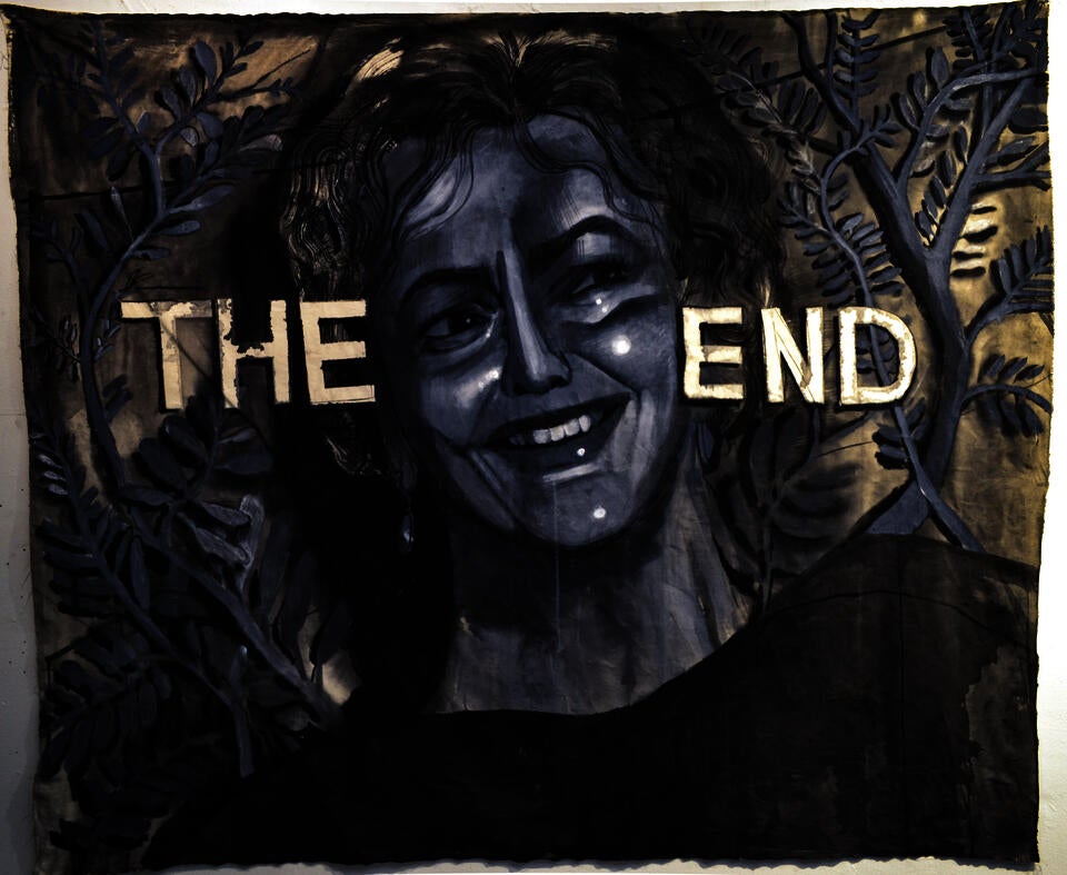 A black and white painting of Olivia de Havilland's face close-up, grey plants in the background, with large block text saying THE END on either side of her face. 