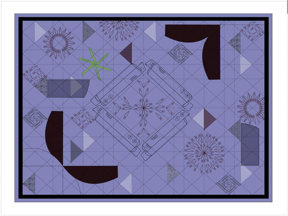 Digital patchwork quilt composed of studio debris on a pale purple grid. Ornamental motifs, shapes, and architectural remnants overlap in a layered composition resembling a quilt.