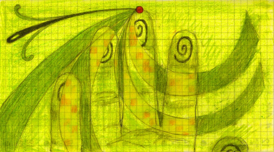 Green ribbons spiral towards the middle finger of a hand laying palm up. A needle pricks the middle finger, drawing blood.
