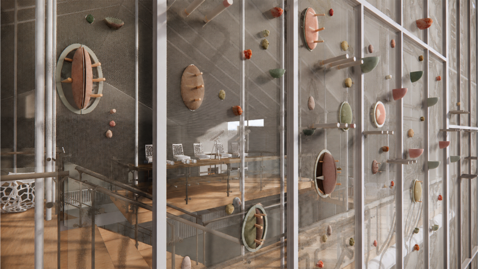 Close-up rendering of patterned glazed walls with mesh screening and pastel perch markers inside The Met dining hall.