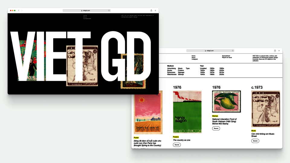 Screenshots of the Vietnamese Graphic Design website. The first screenshot shows the text "VIET GD" filling up most of the screen. The second screenshot shows four posters in the collection.