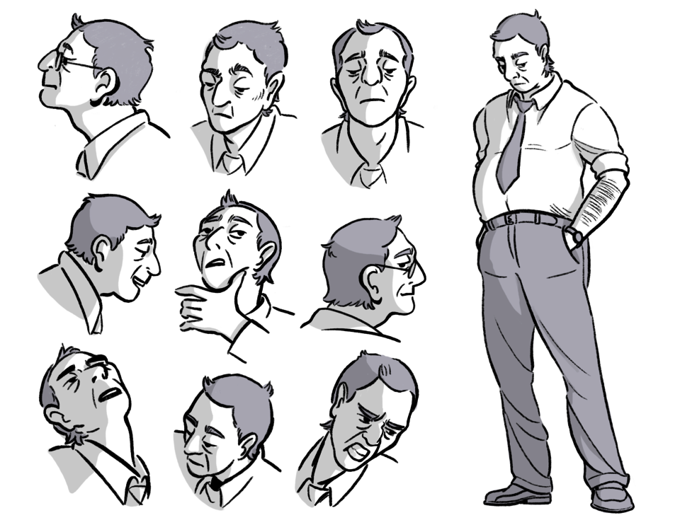 A character design of an older business man, dressed in slacks, a button down, and tie. 