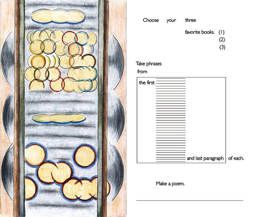 Left is the image side: repeated circular forms resembling speech bubbles are arranged within a vertical, book page-like layout, with symmetrical curved shading on both sides, creating a soft layered rhythm. Right is the prompt side: minimal text on a white layout instructs choosing three favorite books, taking phrases from the first and last paragraphs of each, and combining them into a poem.