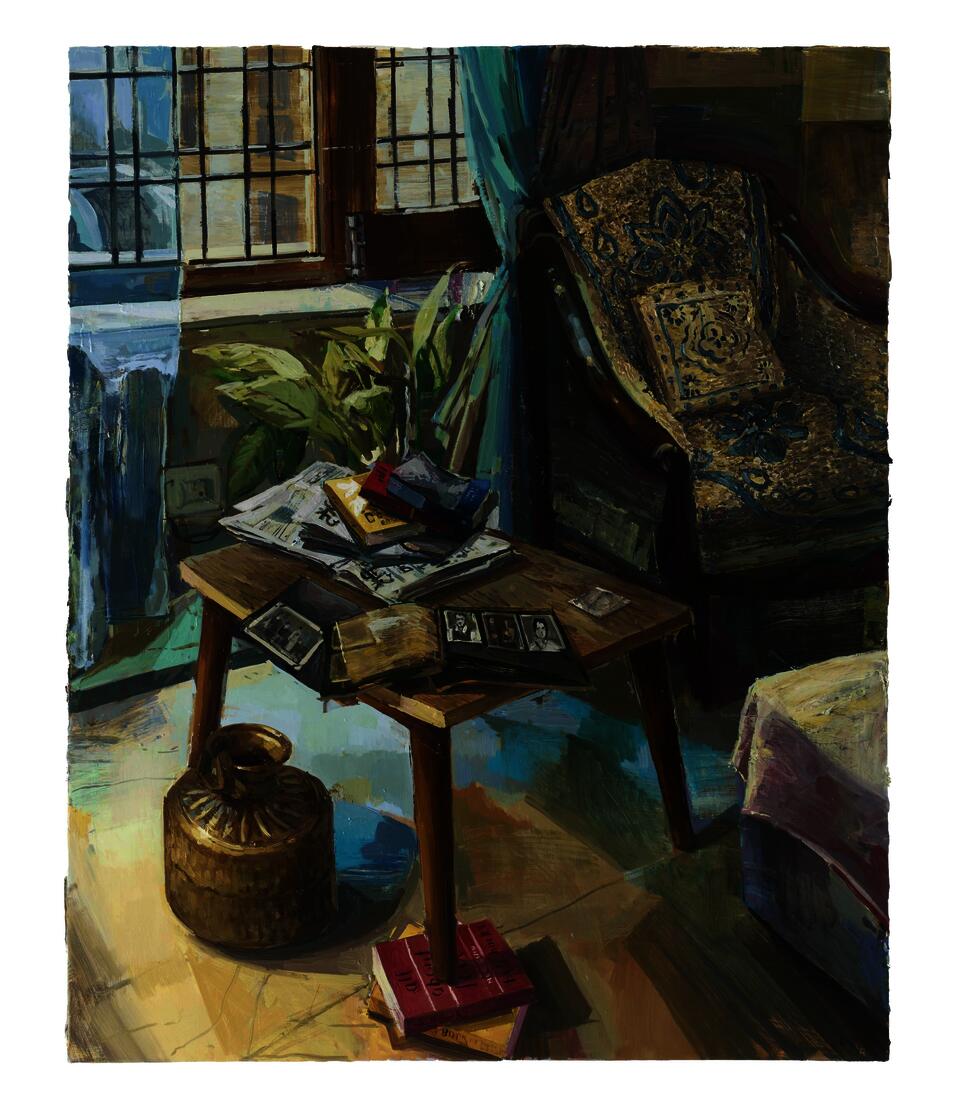 Still Life of a copper pot under a table near a window. Table leg is propped up by books underneath.