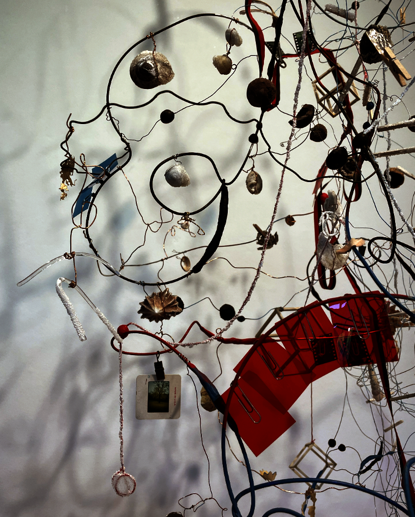 Wire and string connecting various seashells, nutshells, pieces of glass and metal, blue and red transparency sheets, film strips, and other office supplies. There are salt crystals growing on many objects