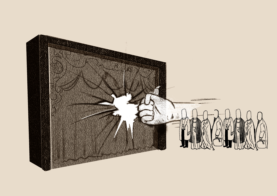 A fist breaks through a proscenium stage, symbolizing how immersive theater dissolves the barrier between audience and performance. Instead of watching from a distance, the audience steps into the space and becomes part of the story.