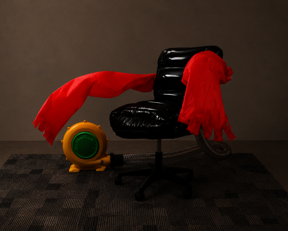  Profile shot of the CHAIR FOR WORKPLACE MORALE with a neon yellow and green air blower, vinyl inflatable office chair, and red inflatable tube arms swinging side to side.