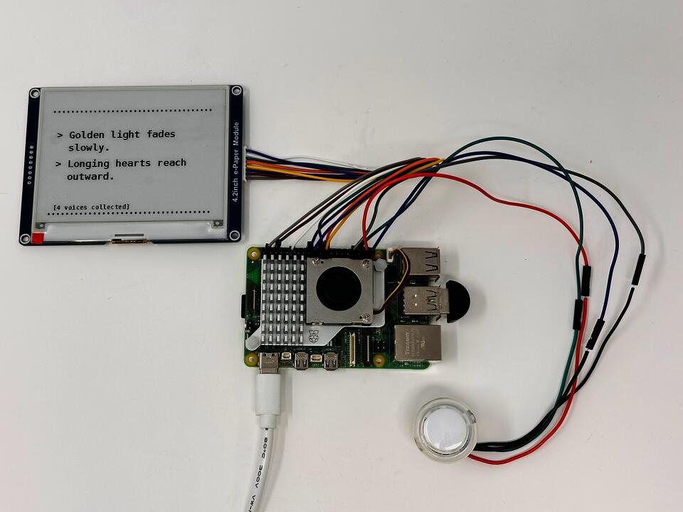 Electronics for the Spark installation, including a Raspberry Pi, e-paper display, button, and wiring. The display shows generated poetic summaries and the number of collected voice submissions from a specific location.