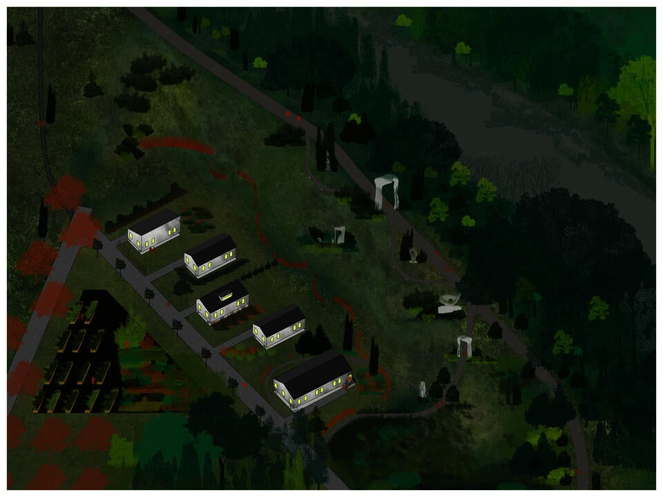 An axonometric view drawing of homes, a community garden, and a trail with sculptures.