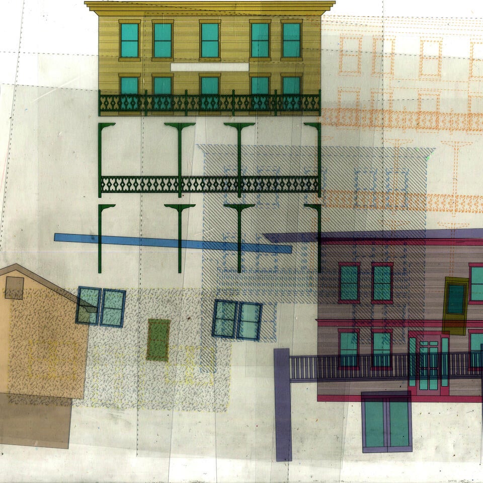 Parts of the Lincoln Hotel facade in Lincoln, Maine, printed on acetate and scanned into one document. Prints are scattered and overlapping in the image. Colors like yellow, blue, and green define different parts of the building. 